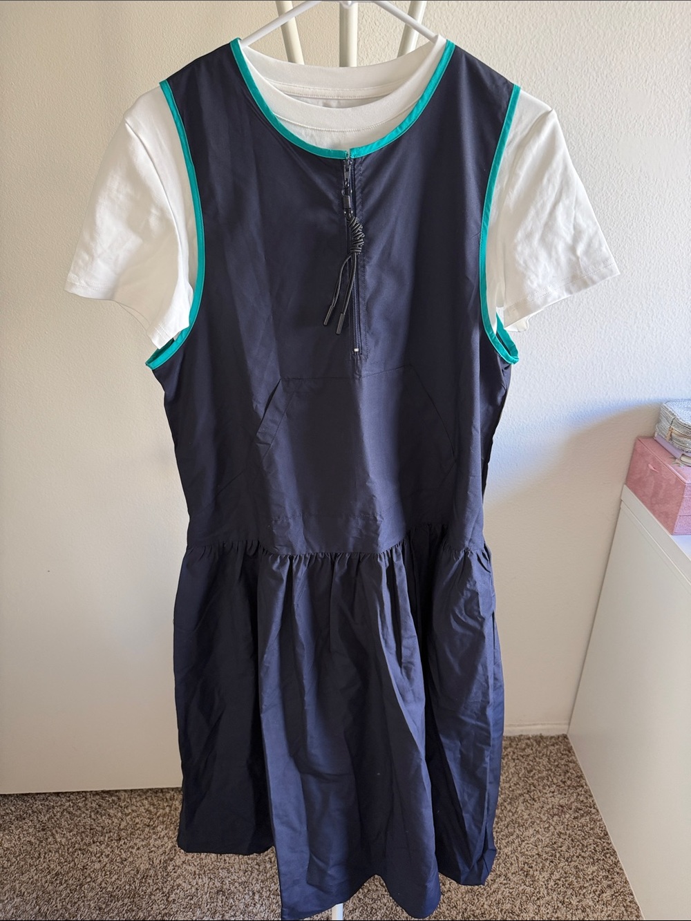 Girls Navy Sleeveless Dress with White Tee and Teal Trim